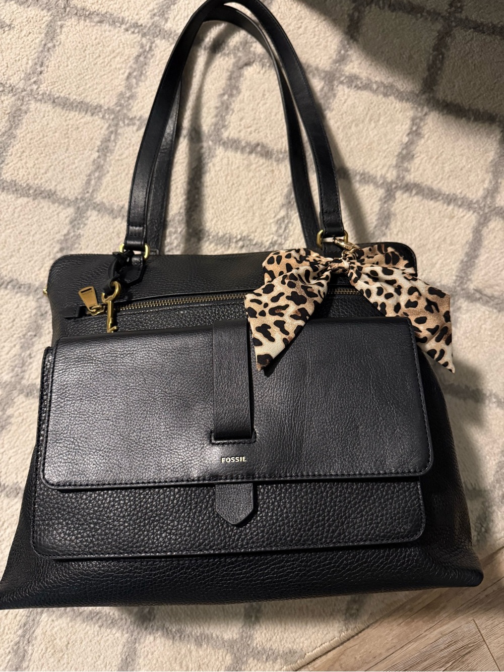 Fossil Black Leather Shoulder Bag with Leopard Scarf Accent